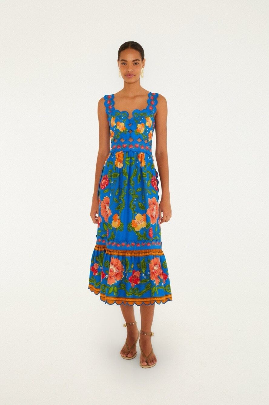 FARM RIO Bright Blue Rococo Flowers Midi Dress Size XXS Linen Blend Tropical
